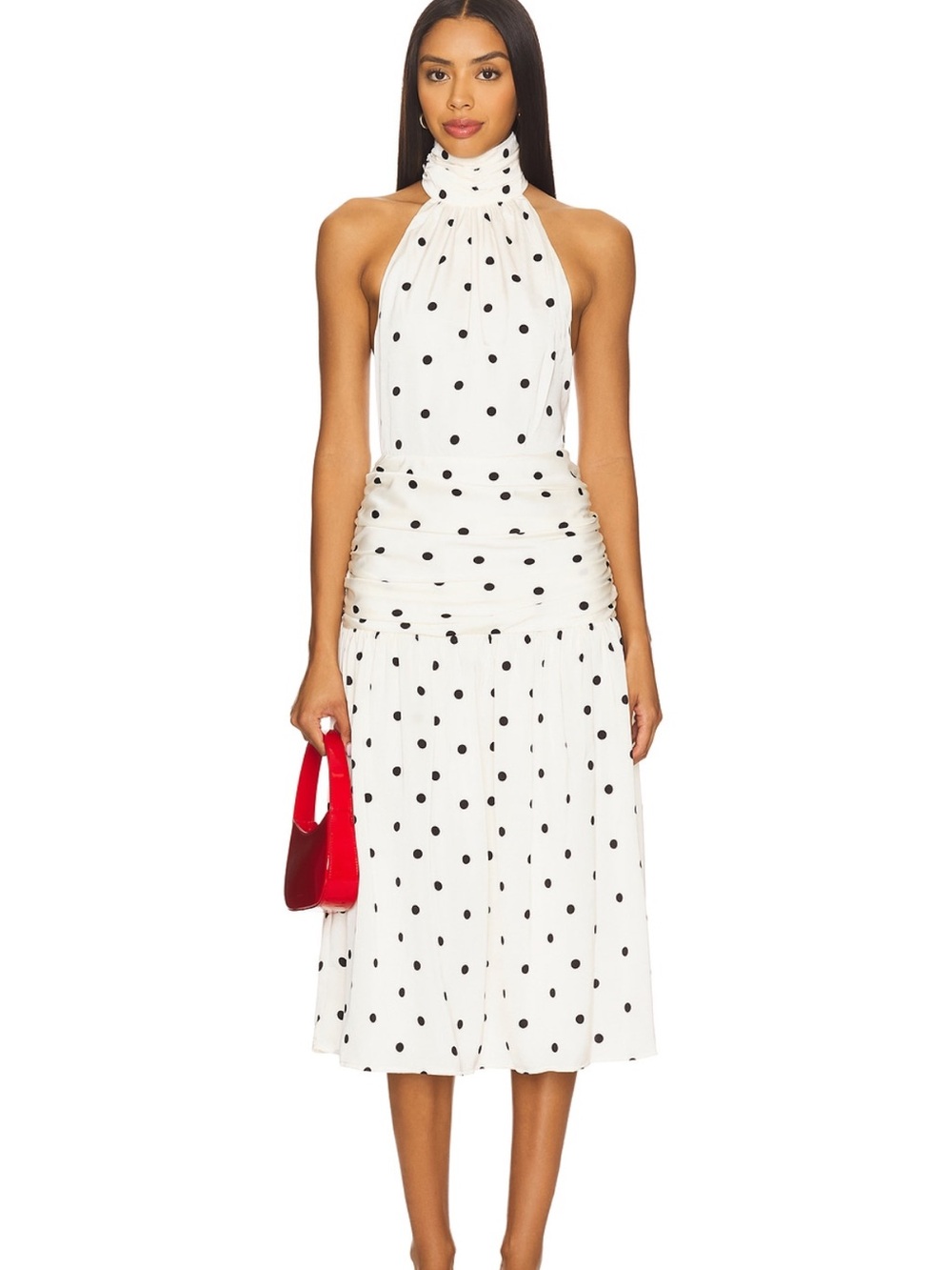White Polka Dot Halter Midi Dress